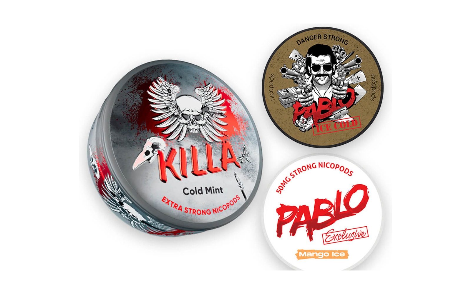 Bolsas de nicotina y cafeína: Latas de bolsas de nicotina Killa y Pablo